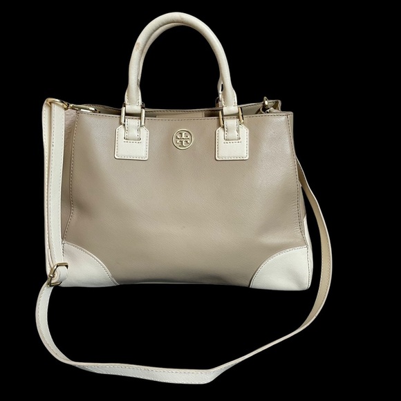 Tory Burch East West Robinson Satchel Tote Color Block Mid Camel Ivory - Picture 2 of 14